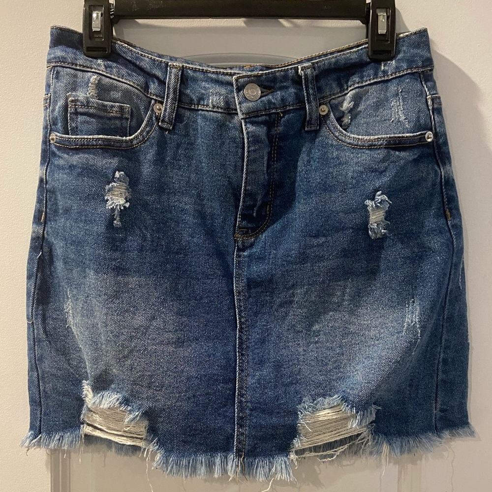 Distressed High Rise Blue Jean Skirt